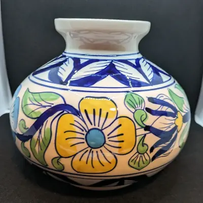 Vintage Hand Painted Made In Italy Geometrico Floral Fish Bowl Vase Blue Yellow • $25