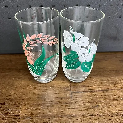 Vintage Glass Hand Painted Pink Floral Glass Set Of 2 Pink Hibiscus Ginger • $19.99