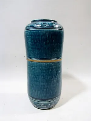 Vtg Midcentury Japanese Ikebana Pottery Flower Incised Tall Blue Vase 31 • $74.99