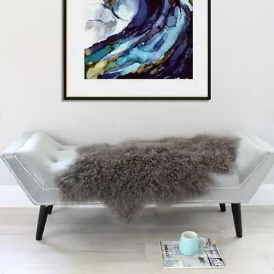 Smoke Grey Sheepskin Rug - Mongolian Sheepskin Throw - Curly Fur • $102.11