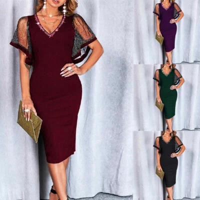 $34.27 • Buy Women Lace Short Sleeve Cocktail Prom Gown Party Evening Formal V Neck Dress AU