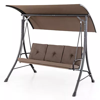 3-Seat Outdoor Porch Swing Adjustable Canopy Padded Cushions Steel Frame Brown • $209.99