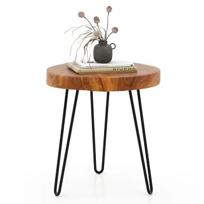 Round Side Table Reclaimed Teak Wood Outdoor Metal Legs End Accent Coffee Table • $72.98