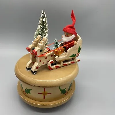 Here Comes Santa Claus Wooden Music Box Kitschy Bottle Brush Tree & Wood Sleigh • $12.99