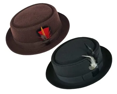 Round Top Porkpie Pork Pie Wool Fedora Hats With Feather For Men Women • $24.99