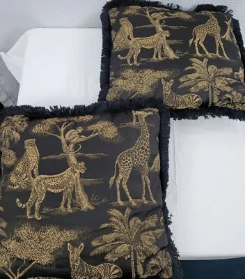 TWO Black Wild Kingdom Arlee At Home Throw Pillows Giraffe Cheetah Monkey Vtg • $49.99