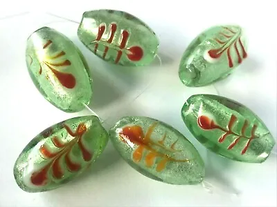 £3.50 • Buy 6 Chunky Silver Foiled Glass Lampwork Beads Charms Oblong Oval Hand Painted 25mm