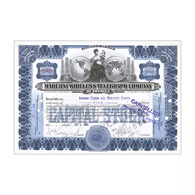 Marconi Wireless Telegraph Company Stock Certificate (1913 - 1919) With 2 Prints • $111