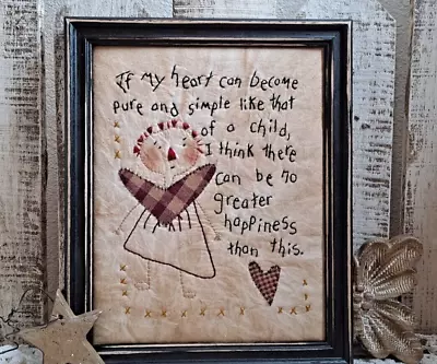 Primitive Stitchery Framed Pure Heart True Happiness Handmade Whimsical • $28