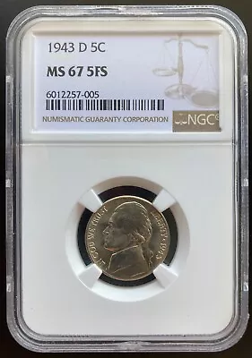 1943-D Jefferson Nickel NGC Graded MS 67 W 5 Full Steps Cert. # 6012257-005 • $150