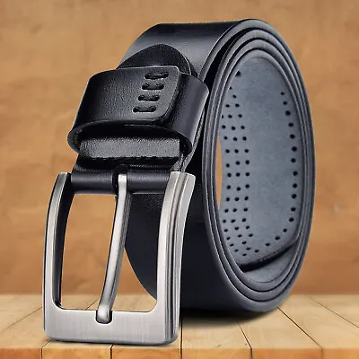 100% Genuine Mens Leather Belts Pin Buckle Trouser Sizes Black Jeans US Stock • $12.95