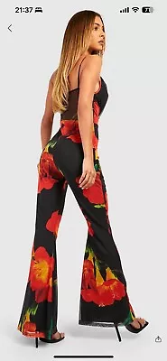 Bnwt Boohoo Red Black Floral Cowl Neck Mesh Jumpsuit Size 16 Stretchy Too  • £9.99