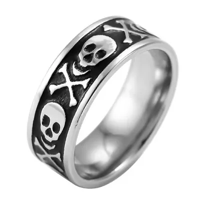 Mens Punk Pirate Skull Crossbone Ring Band Stainless Steel Retro Rock Jewelry • $9.99