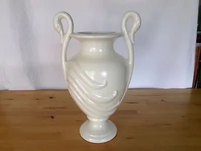 Large 15.5  HAEGER DOUBLE SWAN HANDLE VASE MATTE OFF WHITE - W/ Repair • $32.99