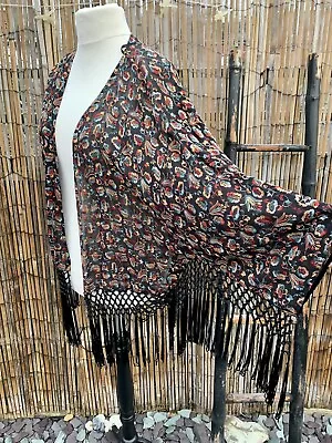 £29.95 • Buy Topshop Black Embroidered Boho Fringed Kimono Cape Shrug Open Y2K Jacket Size 16