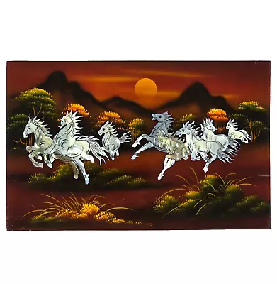 VTG Vietnamese Black Lacquer Mother Of Pearl Inlay Running Horses Wall Art Panel • $36