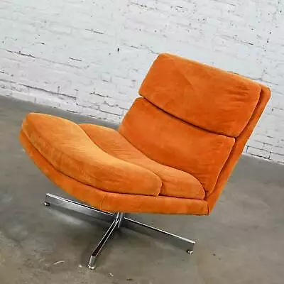 Modern Swivel Slipper Chair Orange Brushed Chenille & 4 Prong Chrome Base • $1995