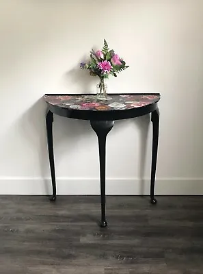 Vintage Half Moon Console Table Hand Painted In Black With Flower Decoupage • £199