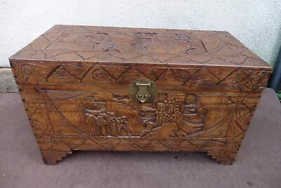 Antique Profusely Carved Camphor Blanket Box Storage Chest Hinged Top. • £245