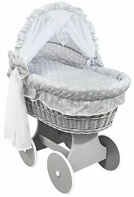 £169.99 • Buy Grey Wicker Wheels Crib/baby Moses Basket+bedding White Stars On Grey/cotton