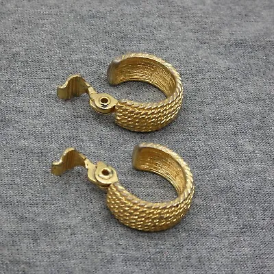 Vintage Monet Clip On Hoop Earrings Gold Tone Rope Detail Signed Huggie • $12.49