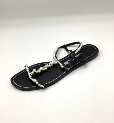 Zara Basic Womens Black Faux Leather Flat Faux Pearl Strappy Sandals Size 4 Used • £24.99