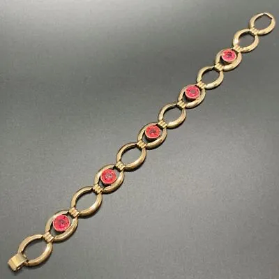 Signed Simmons Vintage Gold Fill Pink Glass Rhinestone Art Deco Link Bracelet 7  • $59