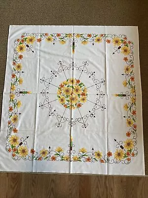 Vintage Tablecloth 1950's Yellow Orange Floral /Candles/Brown Arrows 42”X 45” • $15