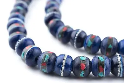 Cobalt Blue Inlaid Yak Bone Mala Beads 10mm Nepal Round Large Hole • $24.50