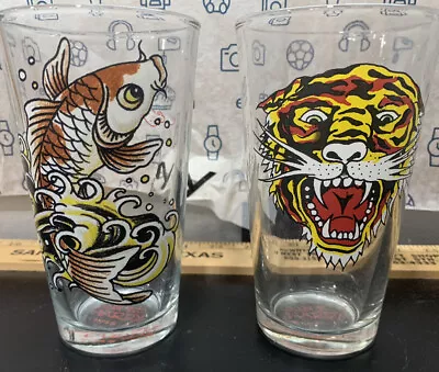 Vintage Lot Of 2 Don Ed Hardy Tea Clear Drinking Glasses Fish Tiger Novelty • $24.99