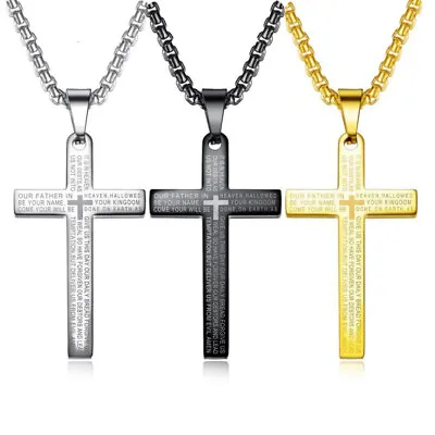 New Stainless Steel Lord Prayer Bible Cross Men Pendant Necklace Silver Gold • $8.98