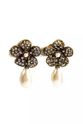 Chanel Womens Vintage Gold Tone Floral Crystal Faux Pearl Clip On Drop Earrings • $799.99
