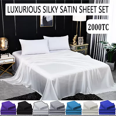 Satin Silk Fitted Sheet Set 2000TC Pillowcase Single/Double/Queen/King Size • $25.02