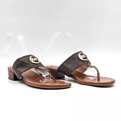 Michael Kors Women Baton MK Logo Brown Vegan Leather Thong Sandals Size 9 • $49