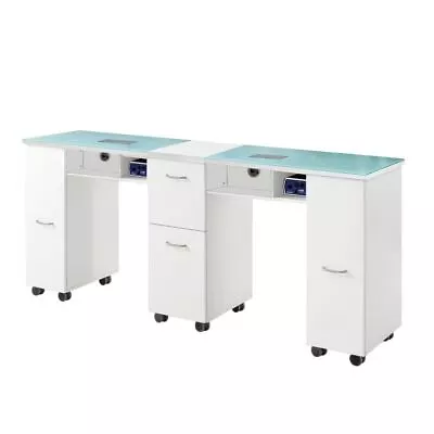 Glass Double Manicure Table Nail Station Desk Beauty Salon Work Station 2 Fan • £599.99