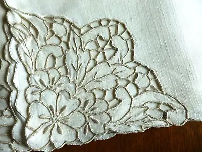 6 Lg Vintage MADEIRA Cream Linen  Napkins Richelieu Cutwork Embroidery • $89