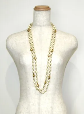 CHANEL Long Pearl COCO Mark Rhinestone Necklace Gold About 180cm Auth Women Used • £799.43