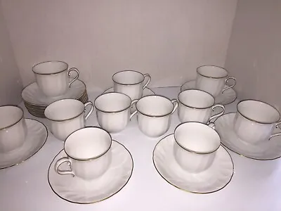 SET OF 11  Mikasa Wedding Band Gold Fine China Flat Cup And Saucers • $38