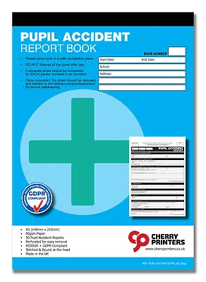 £5.79 • Buy Cherry GDPR Pupil First Aid Accident Report Book A5 (148mm X 210mm) 50 Page HSE
