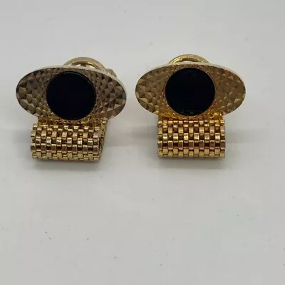 Vintage Diamond Cut Cufflinks Oval Gold Tone Mesh Wrap Around Black Center • $9.99