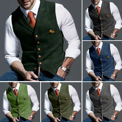 Men Retro Tweed Waistcoat Plaid Slim Fit Formal Wool Blend Herringbone Suit Vest • $40.59