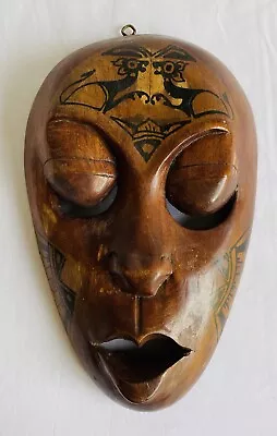 TRIBAL Maori Islander Warrior Wooden Hanging Wall Art Wood Carved Face Mask 25cm • $25.70