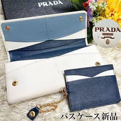 PRADA Long Wallet Leather WhiteBlue FlapHook WithCard Case Serial Engrave Auth M • $133.68