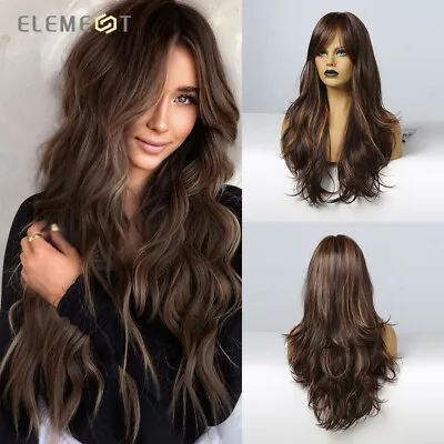 Long Wavy Wigs Highlights Brown Wigs With Bangs For Women Daily Cosplay Wig • $19.07