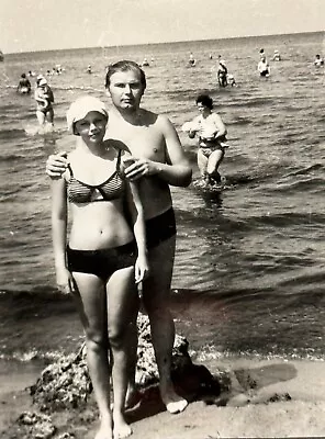 1970s Shirtless Guy Young Slender Women Bikini Beach Vintage Photo Snapshot • $13.50