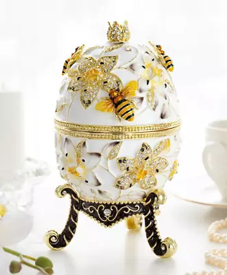Keren Kopal Large White Egg With Bees  Trinket Decorated With Austrian Crystals • $430
