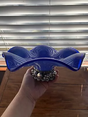 Vintage Cobalt Blue Murano Style Hand Blown Glass Fruit Bowl Pewter Stand • $33.25