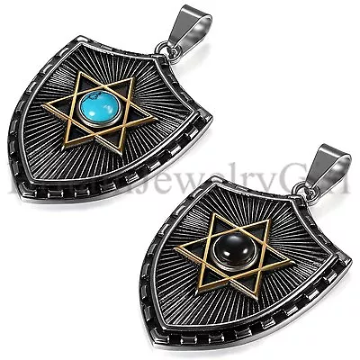 Mens Hexagram Star Of David Shield Pendant Stainless Steel Wheat Chain Necklace • $10.89