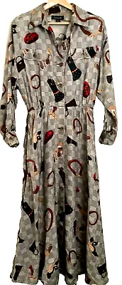 Vintage GILLIAN 100% Silk Dress Equestrian  Print Sz 12 Long A Line • $75