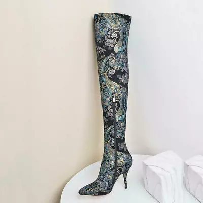 Vintage Women High Stiefel Pointed Printings Floral Shoes Over-the-knee Boots • $121.69